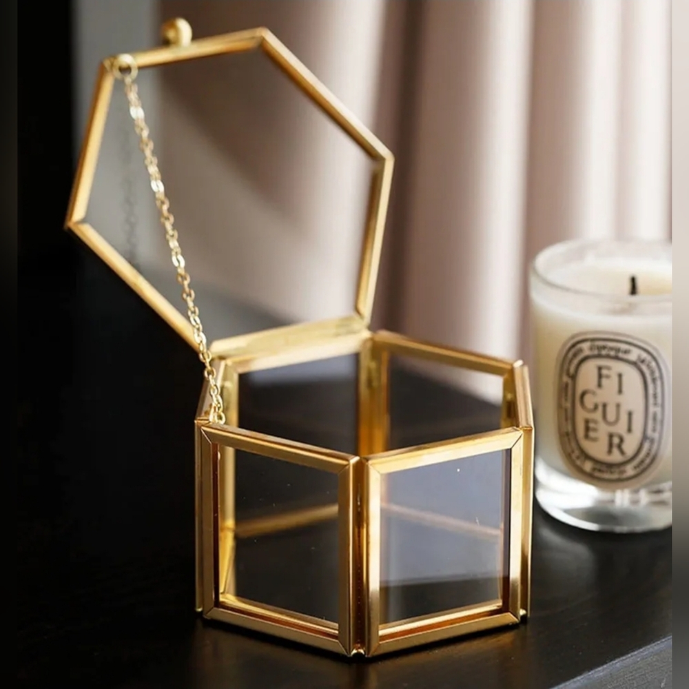 Hexagonal Gold Glass Jewelry Box